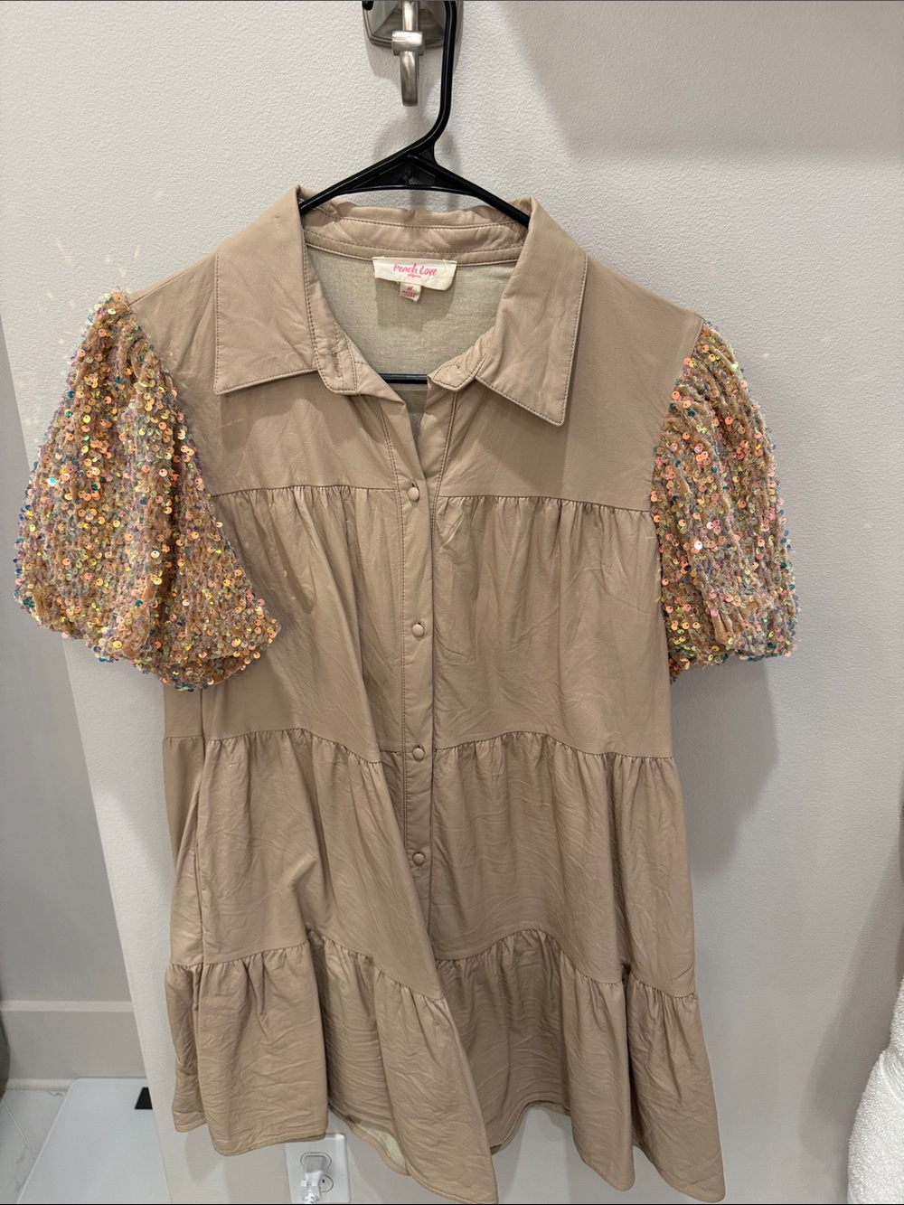 Peach Love California Tan Tiered Dress with Sequin Puff Sleeves